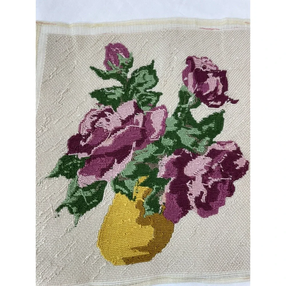 Vintage Needlepoint  13x13 Completed Unframed Pink Roses in Gold Vase‎